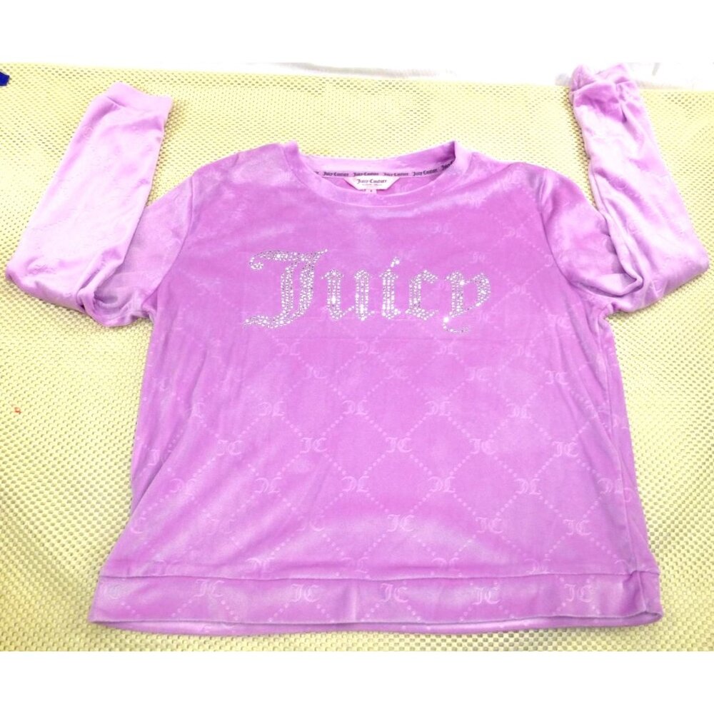 Juicy Couture Womens Purple Velour Long Sleeve Top Small Rhinestone Logo